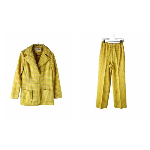 NOS VTG 70s Yellow Plaid Knit Blazer Wide Leg Pant Suit 2 Pc Set